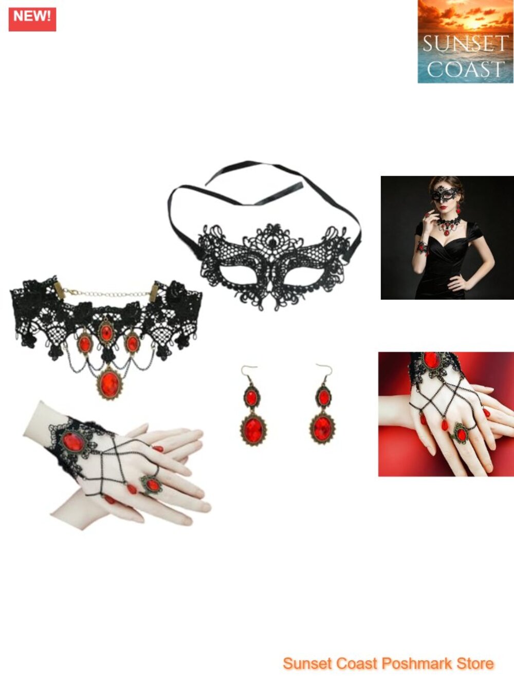 5PCS Gothic Lace Choker Mask Bracelet Earrings Costume Accessory Set